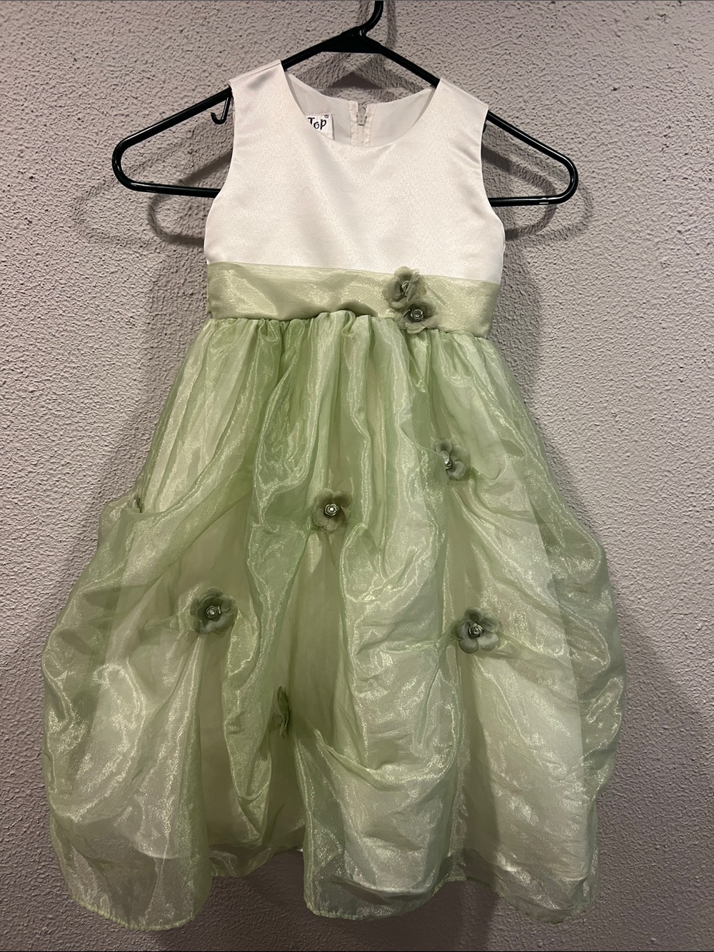 Elegant White & Light Green Flower-Appliqué Girls Dress